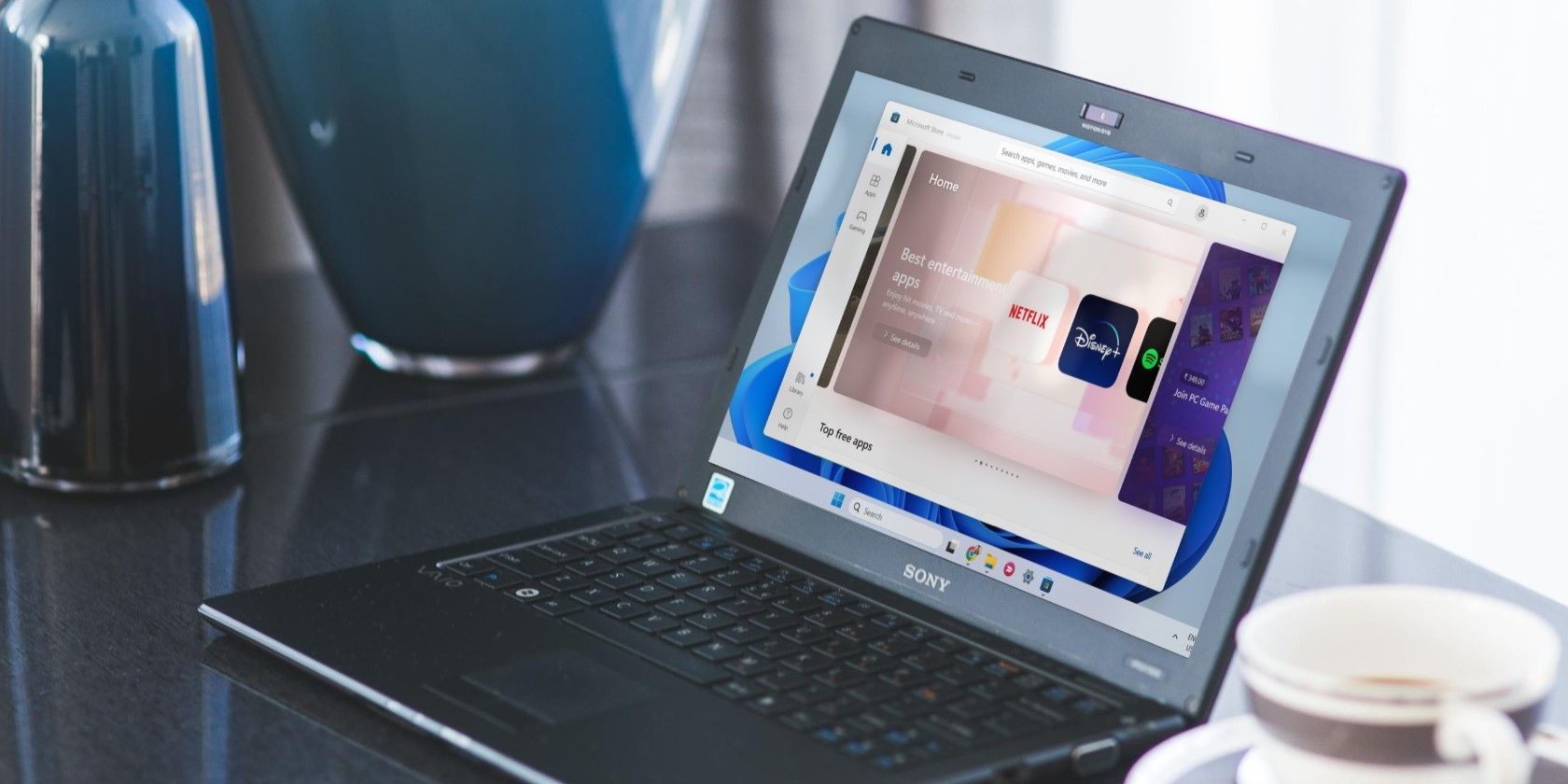 A black Sony laptop on a table