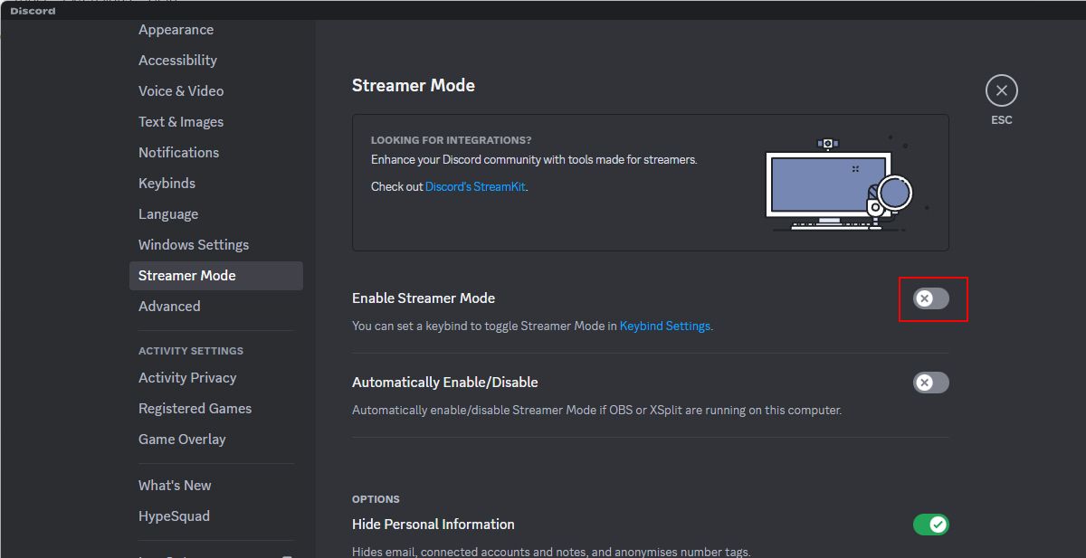 تنظیمات حالت استریمر Discord