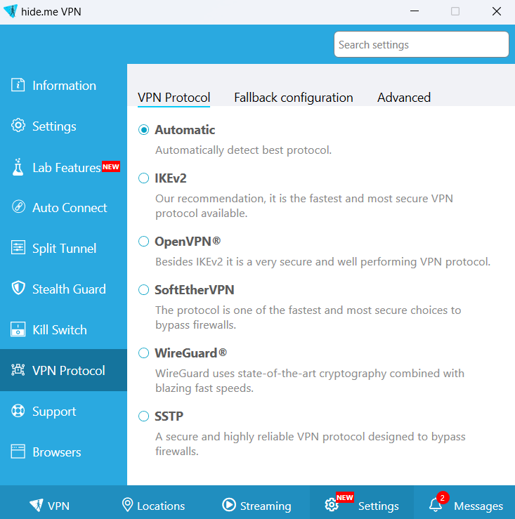 اسکرین شات تنظیمات پروتکل برنامه hide.me vpn