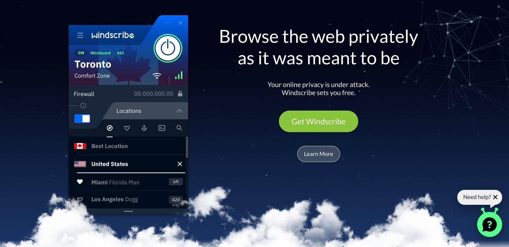 عکس صفحه اصلی وب سایت windscribe vpn