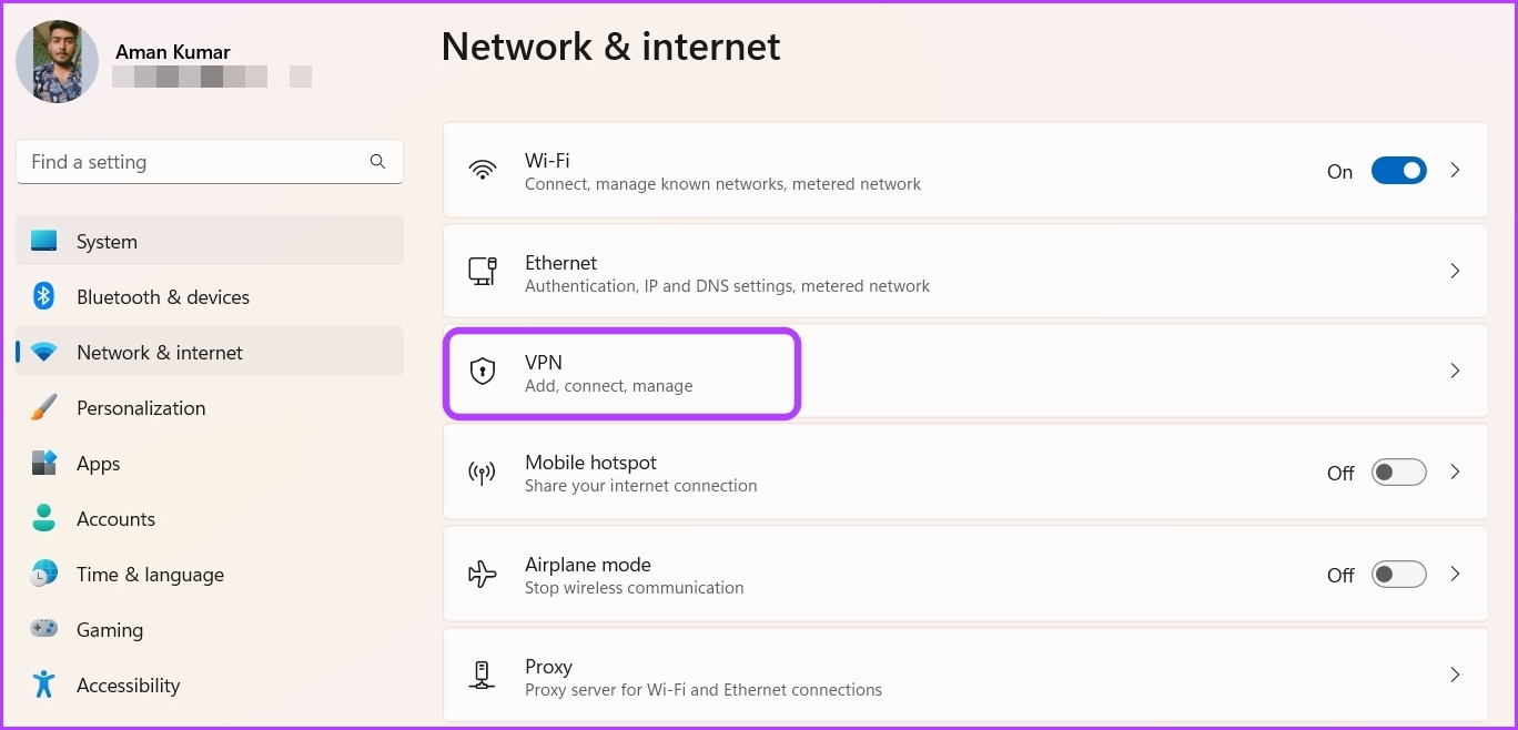 گزینه VPN در تنظیمات