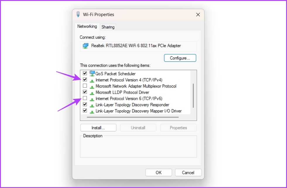 جعبه IPv6 در پنجره Properties