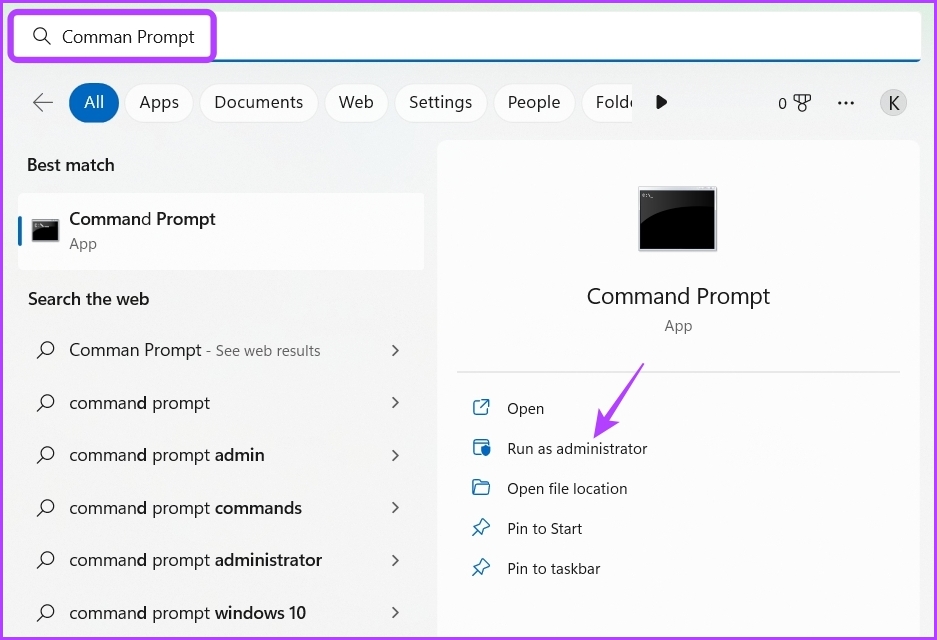 تایپ Command Prompt در جستجوی ویندوز