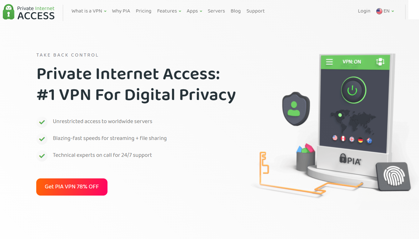 صفحه وب که رابط PIA را در رایانه لوحی و ویژگی های کلیدی VPN نشان می دهد