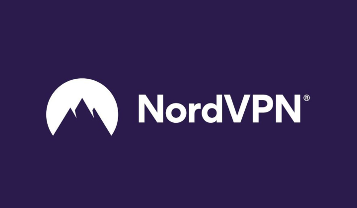 آرم NordVPN در پس زمینه بنفش.