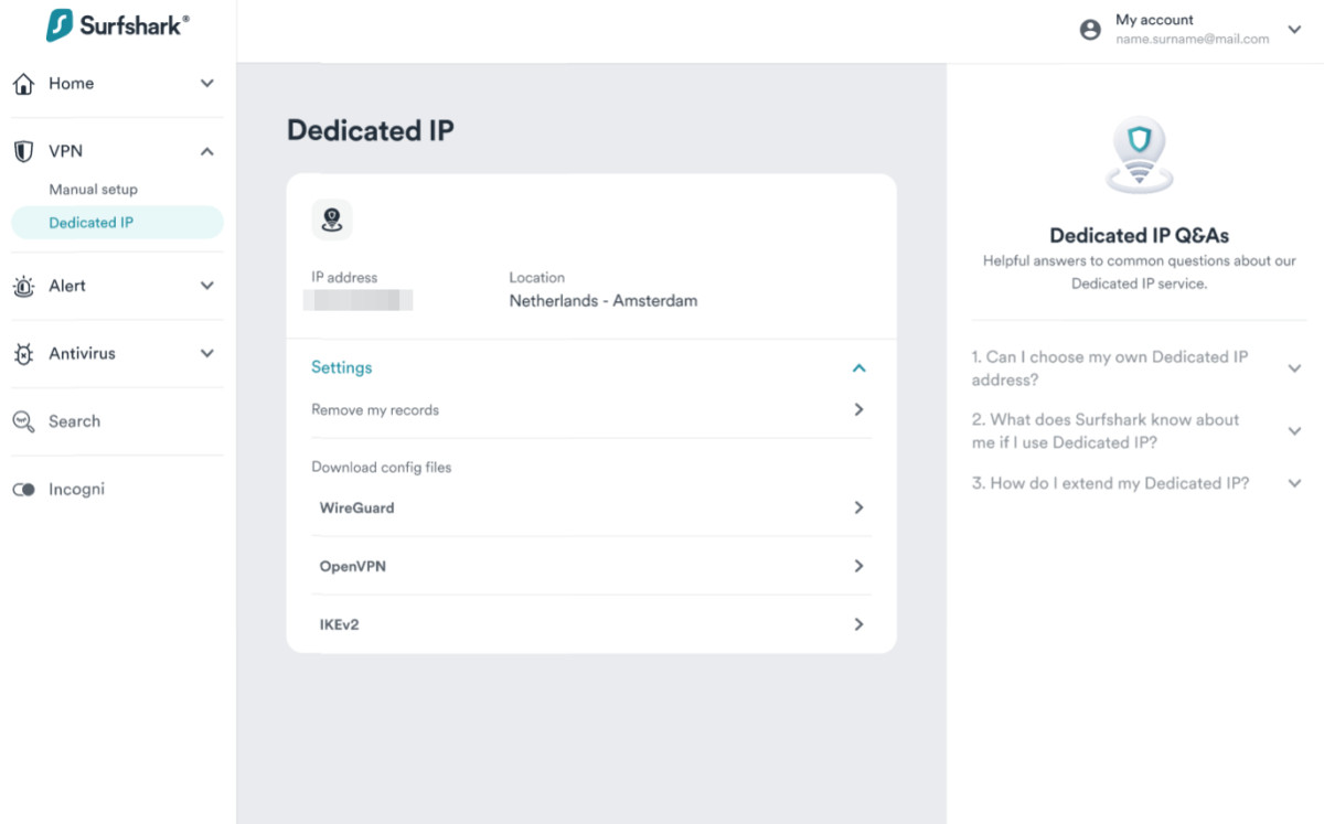 منوی IP اختصاصی Surfshark