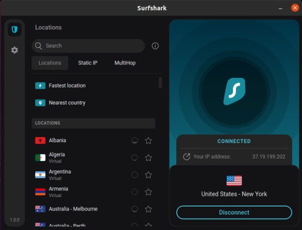رابط کاربری گرافیکی Surfshark برای لینوکس اوبونتو
