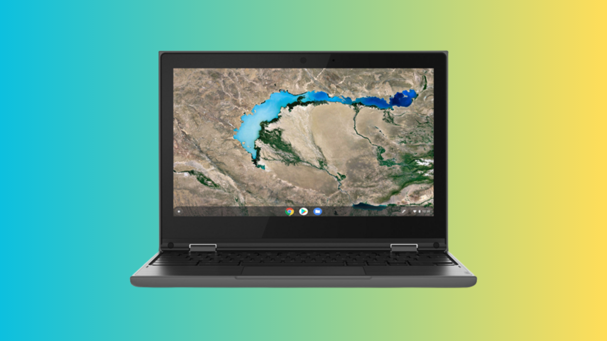 یک کروم بوک 2 در 1 Lenovo که روی پس‌زمینه شیب‌دار رنگارنگ و سبز آبی پوشانده شده است