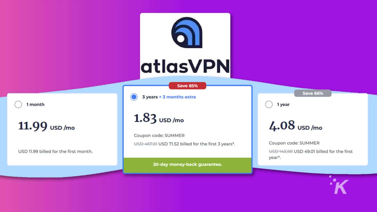این تصویر یک سرویس VPN را با طرح های اشتراک مختلف تبلیغ می کند که هنگام استفاده از کد کوپن تخفیف ارائه می کند "تابستان". متن کامل: atlasVPN 85% پس انداز 3 سال + 3 ماه اضافی پس انداز 66% 1 ماه C 1 سال 11.99 USD /ماه 1.83 USD /ماه 4.08 USD /ماه کد کوپن: SUMMER USD-467.61 USD 71.52 USD برای 3 سال اول صورتحساب *. کد کوپن: SUMMER USD 11.99 صورتحساب ماه اول. 143.88 USD 49.01 USD صورتحساب سال اول *. با ضمانت برگشت 30 روزه پول. ک