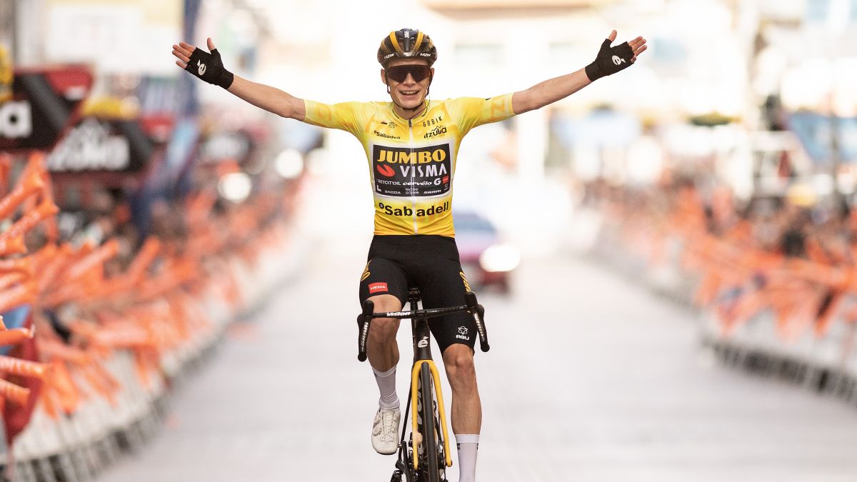 Jonas Vingegaard of Denmark and Team Jumbo – Visma - Yellow Leader Jersey celebrates crossing the line in the Tour de France 2023.