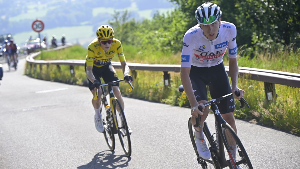 Tadej Pogacar and Jonas Vingegaard racing up a hill