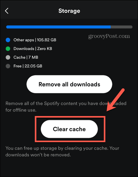 دکمه پاک کردن حافظه پنهان spotify